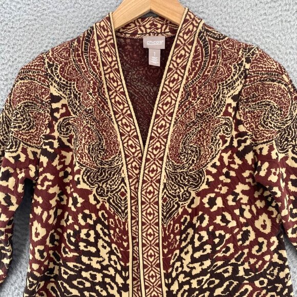 Chicos Sweater Womens 1 US Medium Brown Animal Jacquard Open Cardigan Stretch - Picture 2 of 10